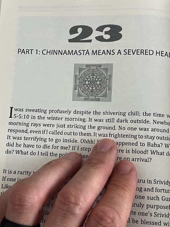 Page from Guru Sakalamaa’s book where I first discovered Chinnamastā, marking the moment the lightning goddess revealed herself to me.