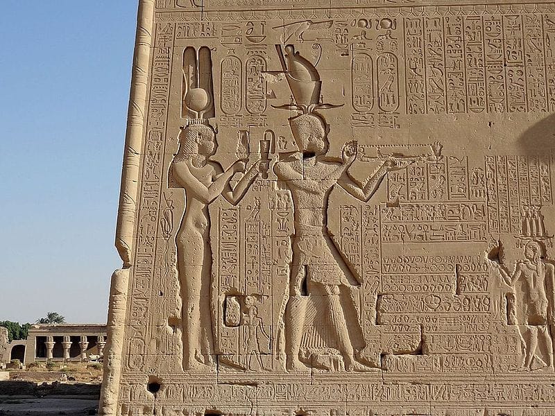 Relief of Cleopatra VII with the gods Isis and Horus at the Temple of Dendera, Ptolemaic Egypt.
