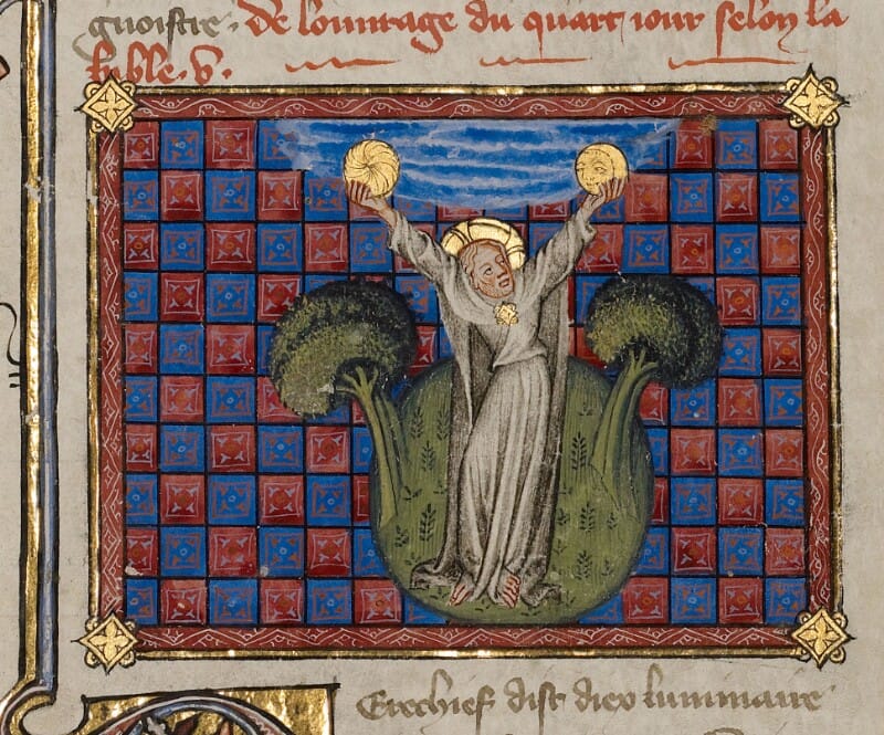 Medieval illumination of the Creation of the Sun and the Moon from the Historical Bible, 14th century