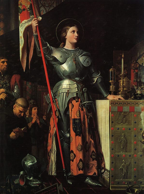 Joan of Arc in armor holding her banner at the coronation of Charles VII, painting by Jean-Auguste-Dominique Ingres (1854)