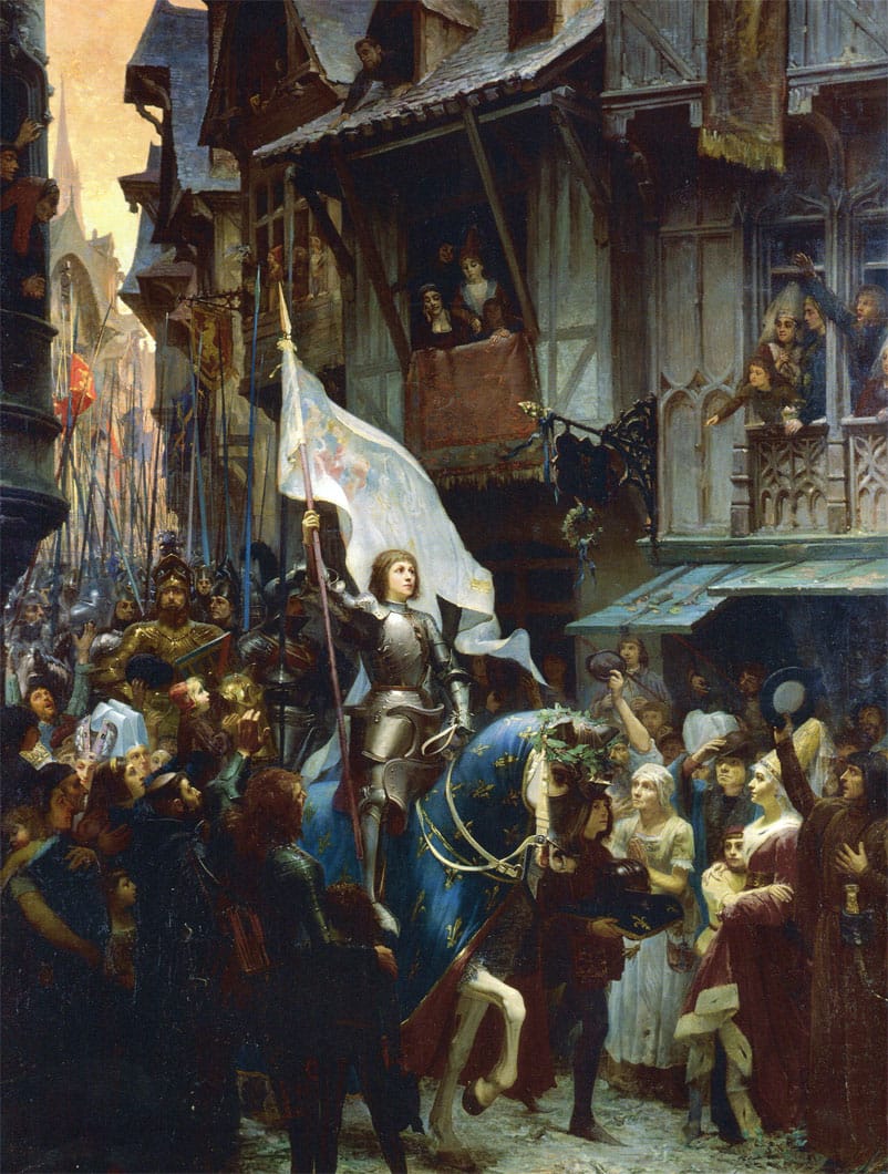 Joan of Arc riding into Orléans holding her banner, painting by Jean-Jacques Scherrer (1887)
