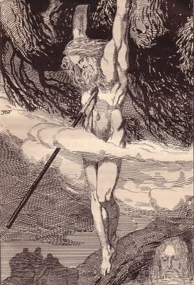 Odin hanging from the World Tree Yggdrasil during his self-sacrifice to gain runic wisdom