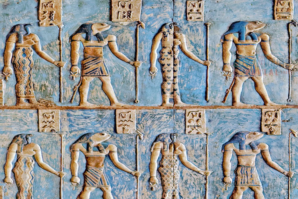 Roman-era relief of the Ogdoad creation deities at the Temple of Hathor in Dendera
