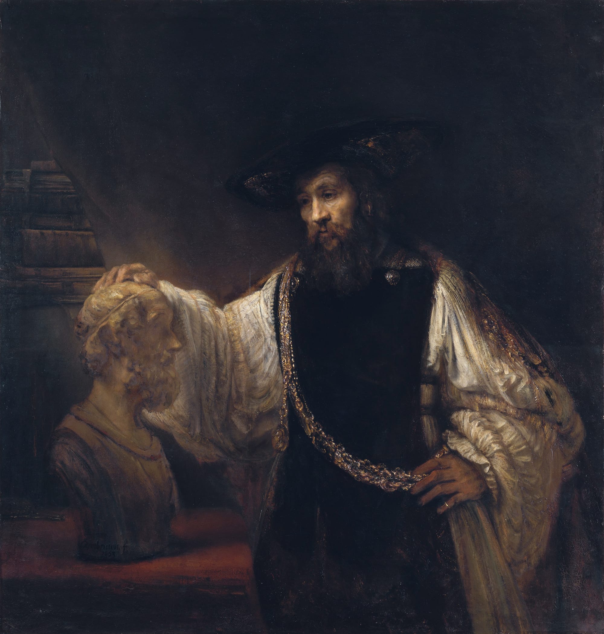 Aristotle contemplating a bust of Homer, symbolizing inner reflection, wisdom, and knowledge formed in silence