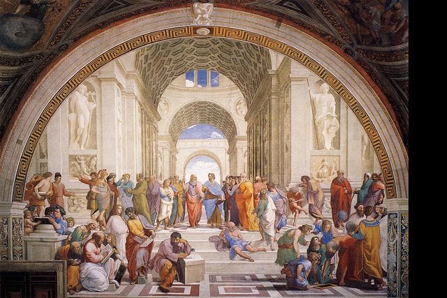 Raphael’s School of Athens depicting classical masculine archetypes of wisdom, order, and divine reason.