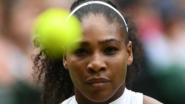 Serena Williams focused before serve demonstrating visualization and mental rehearsal