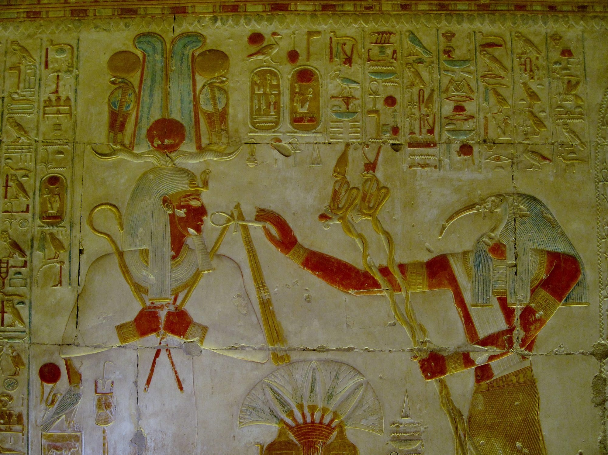 Relief of Thoth presenting the ankh to Pharaoh Seti I in the Temple of Seti I at Abydos