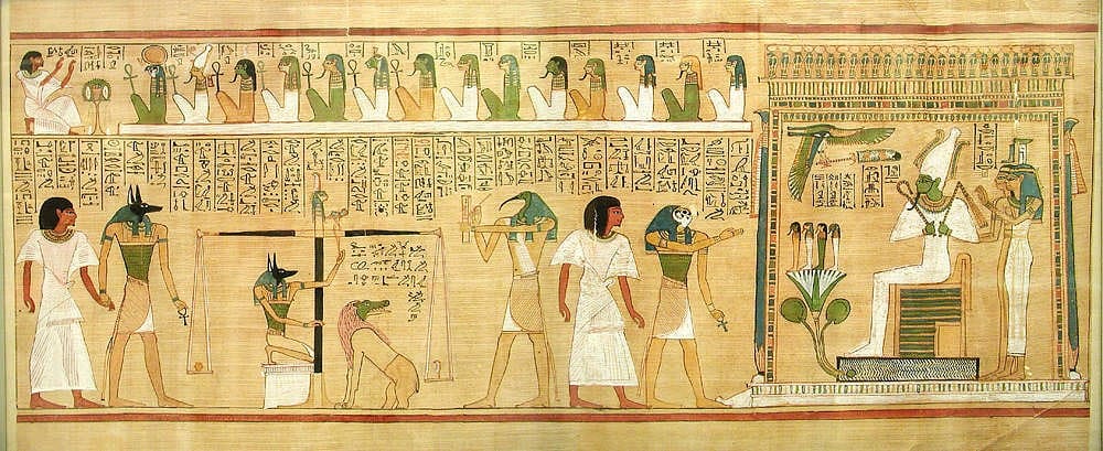 Ancient Egyptian papyrus depicting the Weighing of the Heart ceremony, symbolizing emotional balance, inner alignment, and outcomes determined by inner state.