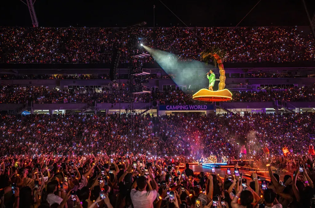 Bad Bunny performing before a sold-out stadium during his 2022 World’s Hottest Tour.