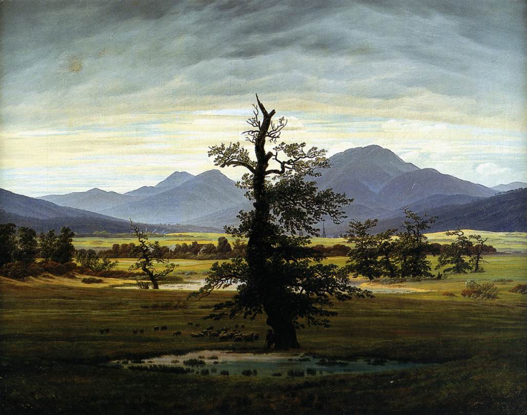 Caspar David Friedrich, The Lone Tree (c. 1822), solitary tree in an open landscape with distant mountains under a pale sky.