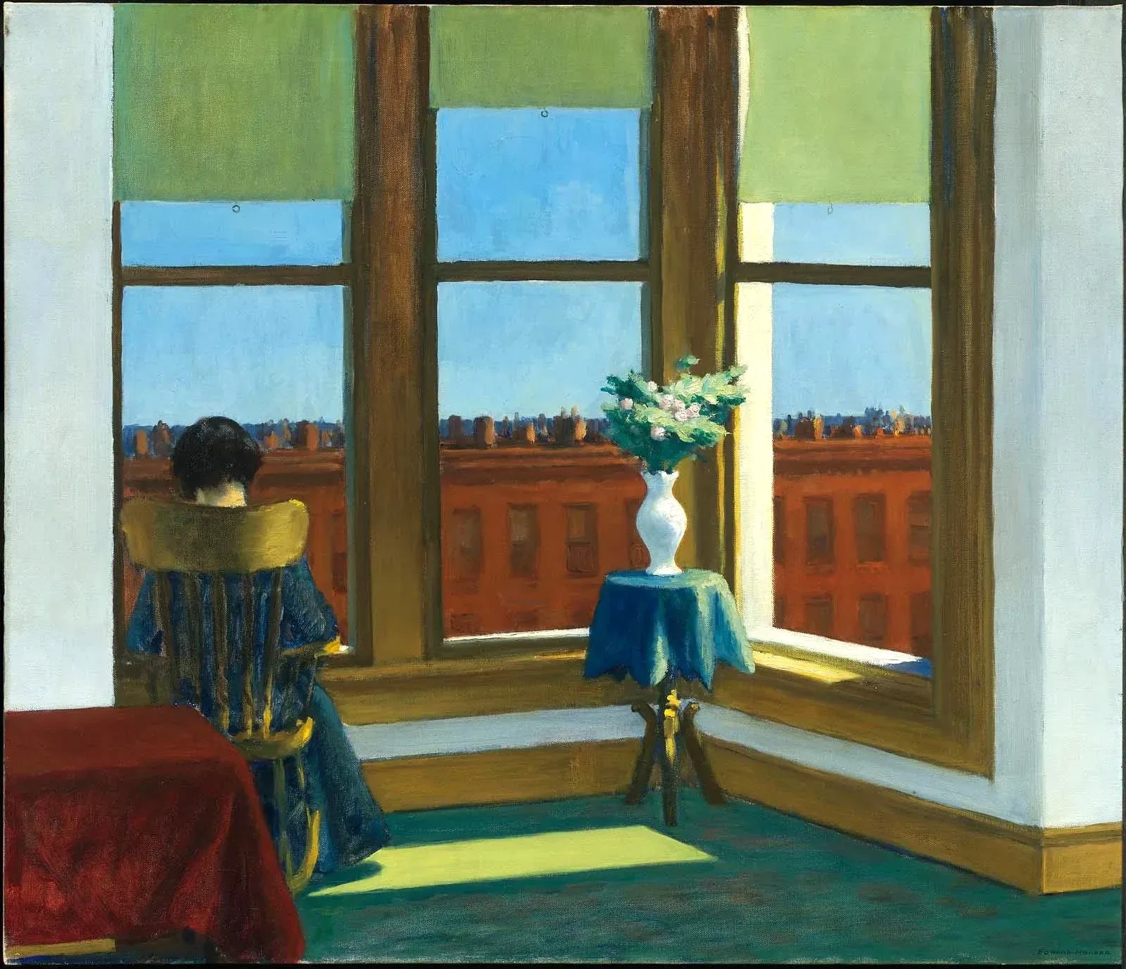 Edward Hopper, Room in Brooklyn (1932), seated woman facing a window overlooking brick buildings.