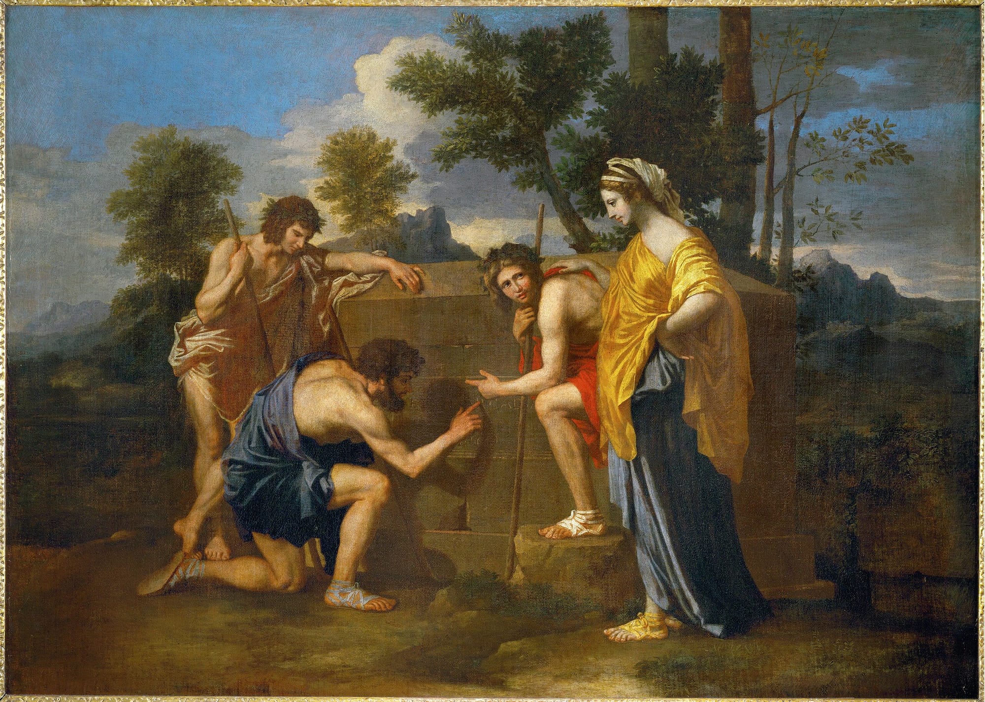 Figures discovering a tomb in Nicolas Poussin’s “Et in Arcadia Ego,” symbolizing fate and hidden causality, Louvre Museum
