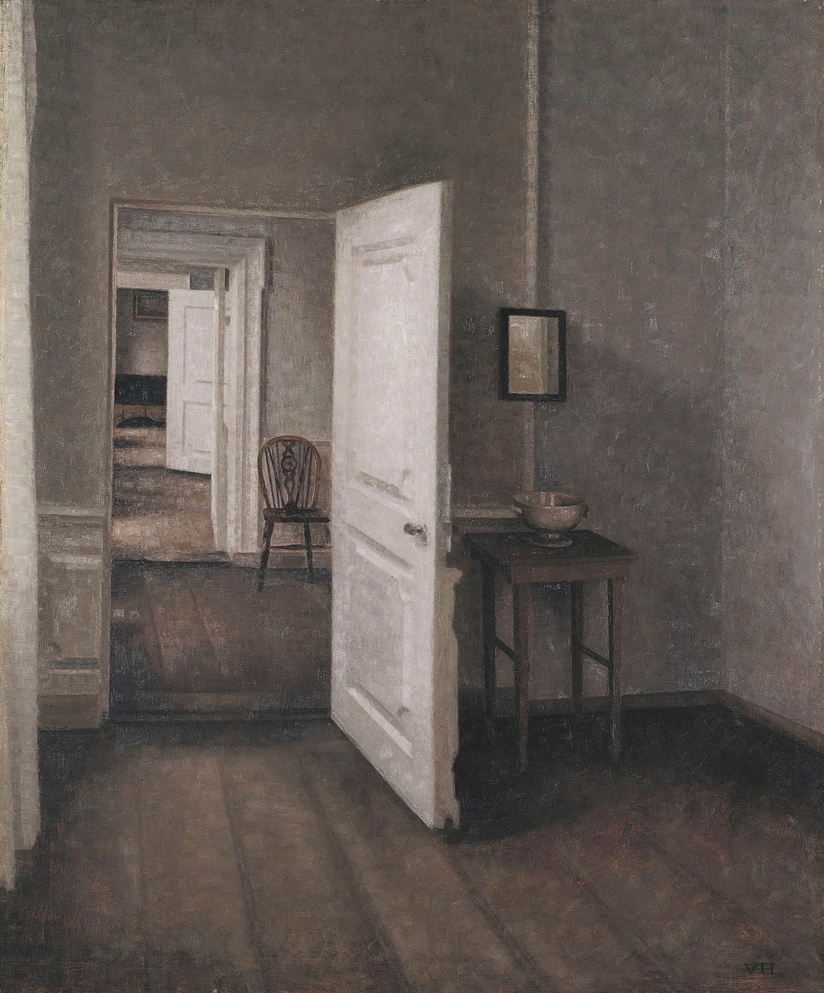 Vilhelm Hammershøi’s Interior. The Four Rooms (1914), showing empty connected rooms where stillness and normalcy replace anticipation