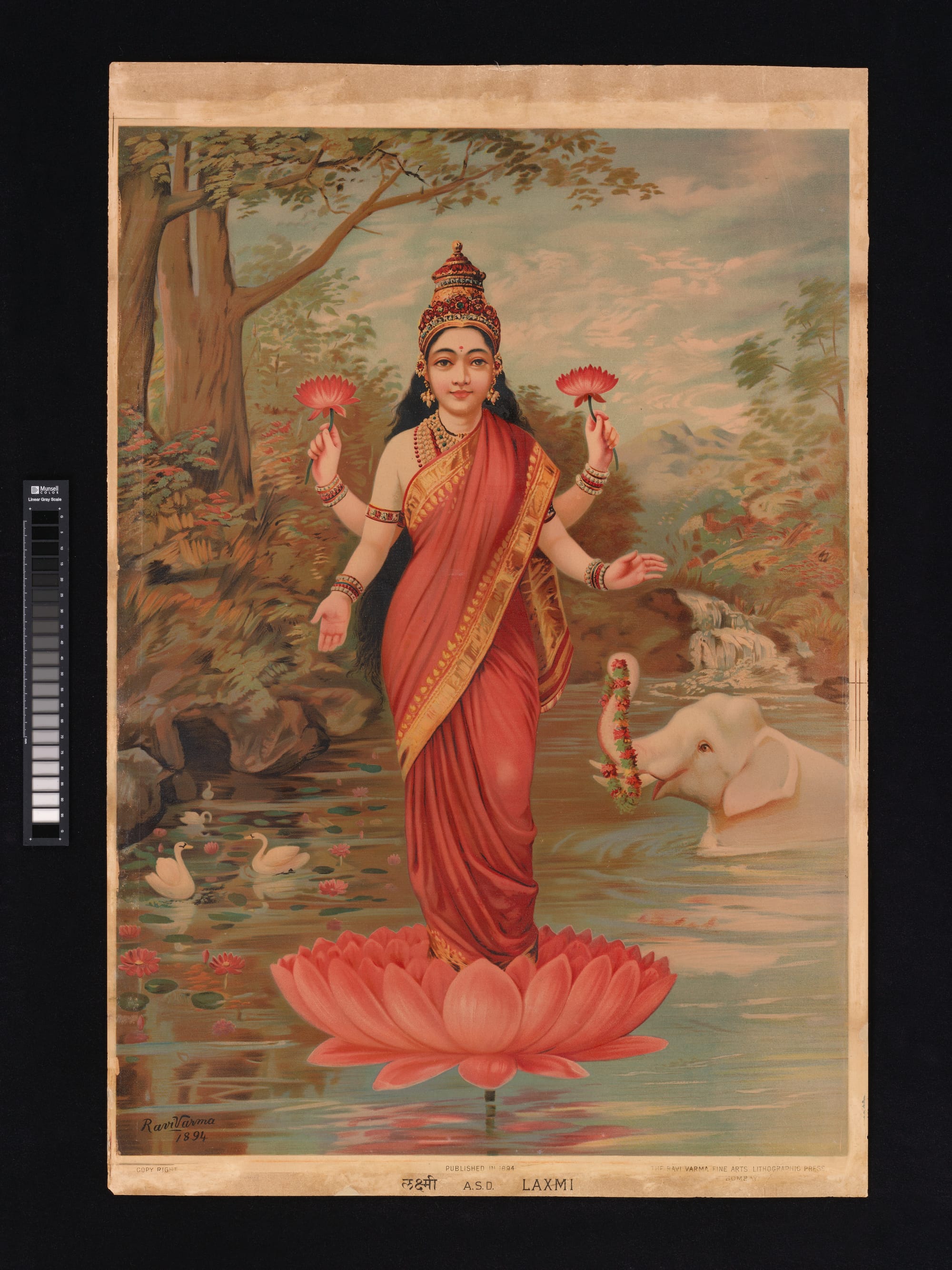 Lakshmi goddess of abundance standing on a lotus, Ravi Varma Press lithograph, The Met Museum, 1894