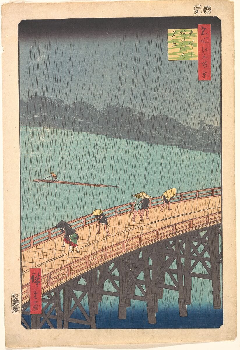 Hiroshige’s Sudden Shower over Shin-Ōhashi Bridge, showing travelers crossing a bridge as rain falls suddenly over the river