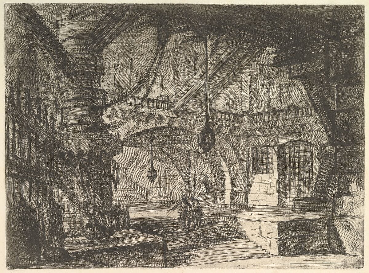 Piranesi’s The Pier with Chains from Carceri d’Invenzione, showing suspended chains and massive architectural supports inside a vaulted structure