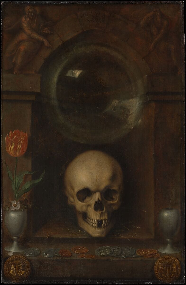 Jacques de Gheyn’s Vanitas Still Life from 1603, showing a human skull, coins, and symbolic objects arranged on a shelf