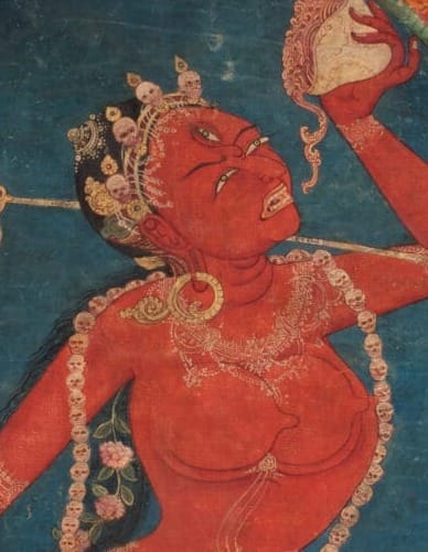 Detail of The Red Yogini (Vajrayogini), Tibet, 19th century, pigments on cloth, Rubin Museum of Himalayan Art