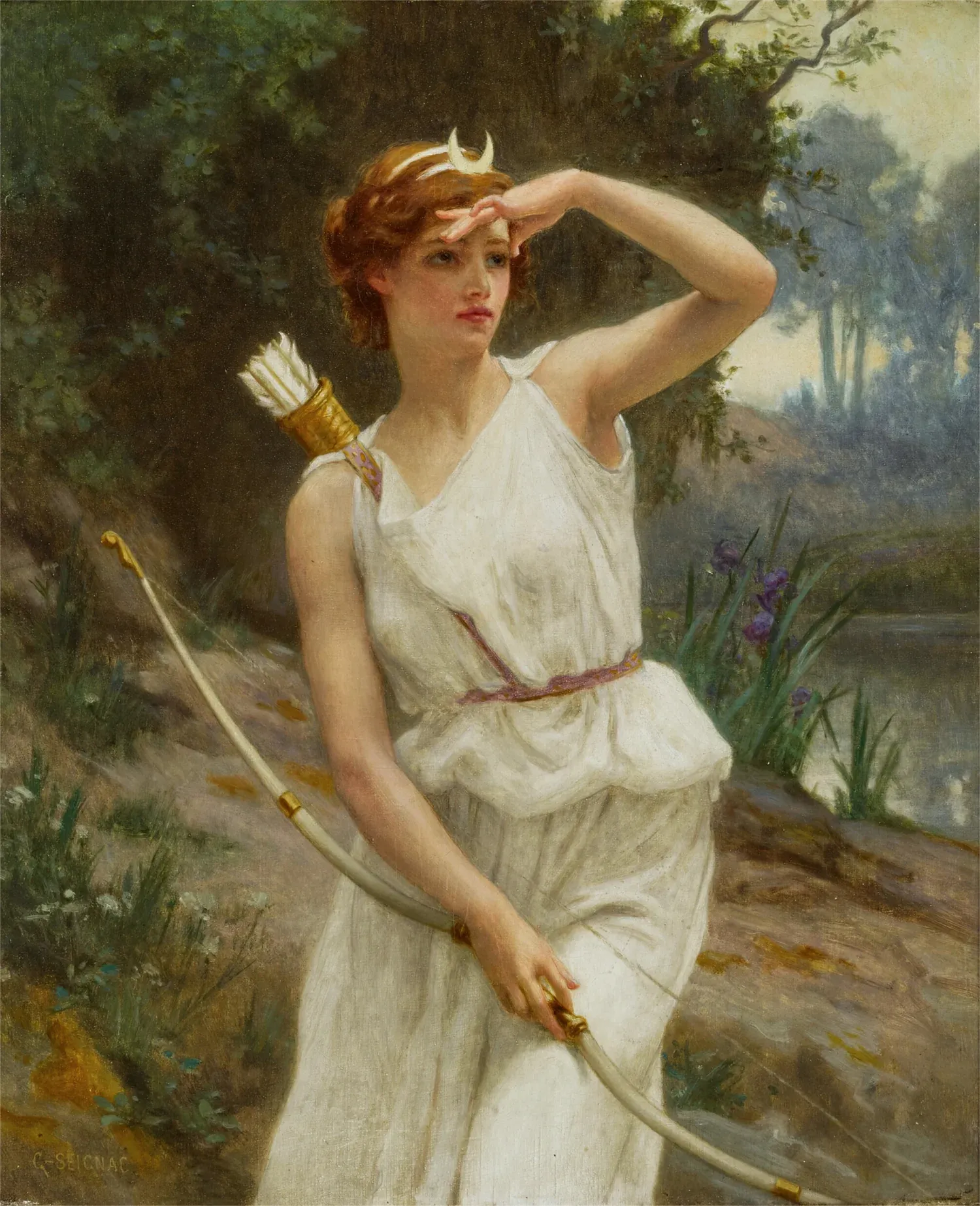 Artemis as Diana the Huntress in neoclassical oil painting by Guillaume Seignac symbolizing sovereign solitude and restrained feminine power