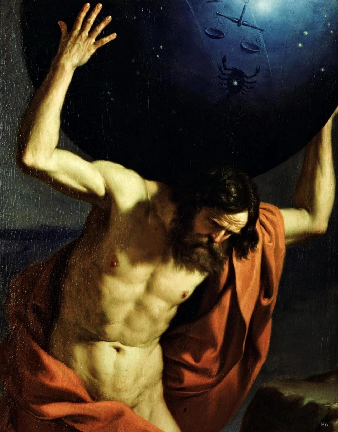 Guercino Atlas Holding Up the Celestial Globe Baroque mythological painting symbolizing the psychological weight of identity expansion