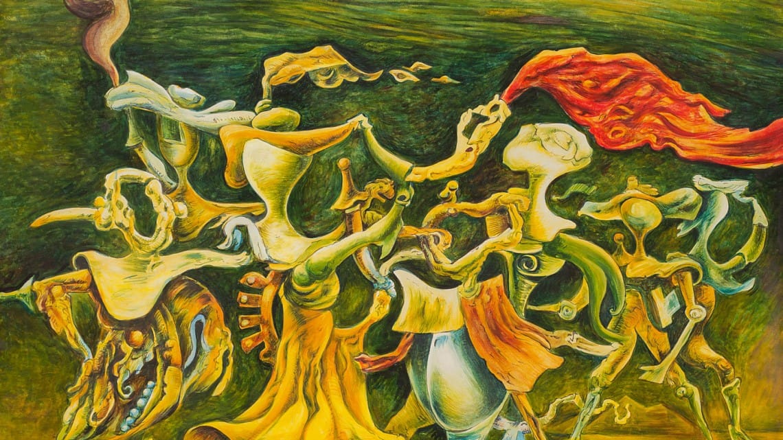 Kurt Seligmann, Vanity of the Ancestors (1940–43), surreal intertwined figures symbolizing ancestral imprinting and subconscious identity shaping physical form.