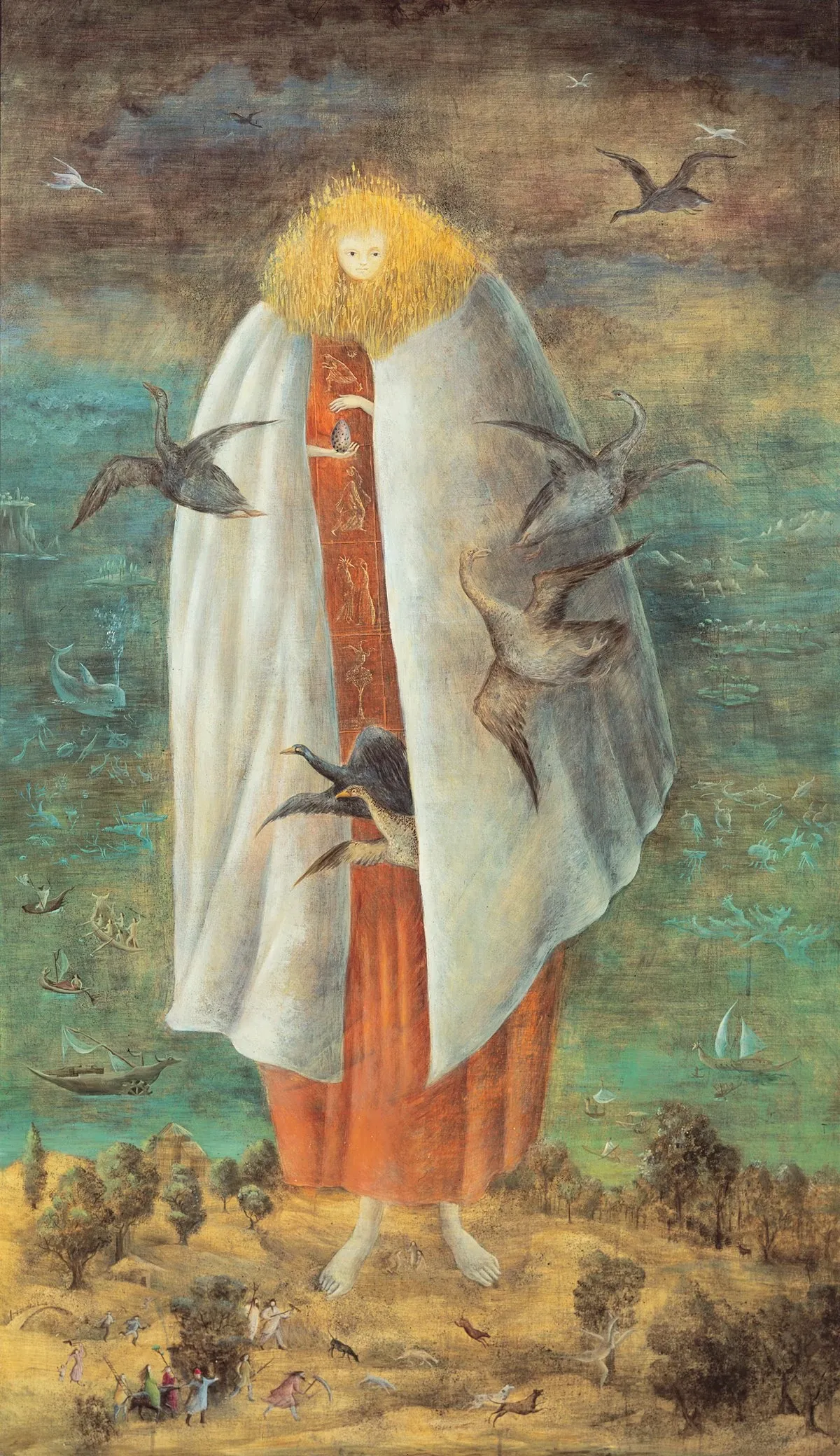 Leonora Carrington, The Giantess (The Guardian of the Egg) (1947), surreal monumental figure holding an egg, representing emotional containment, subconscious gestation, and the body as vessel of inner psychic forces.