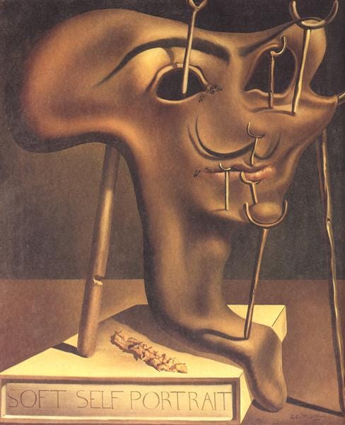 Salvador Dalí Soft Self-Portrait with Fried Bacon surrealist painting symbolizing identity distortion, self-image instability, and subconscious wealth limitation