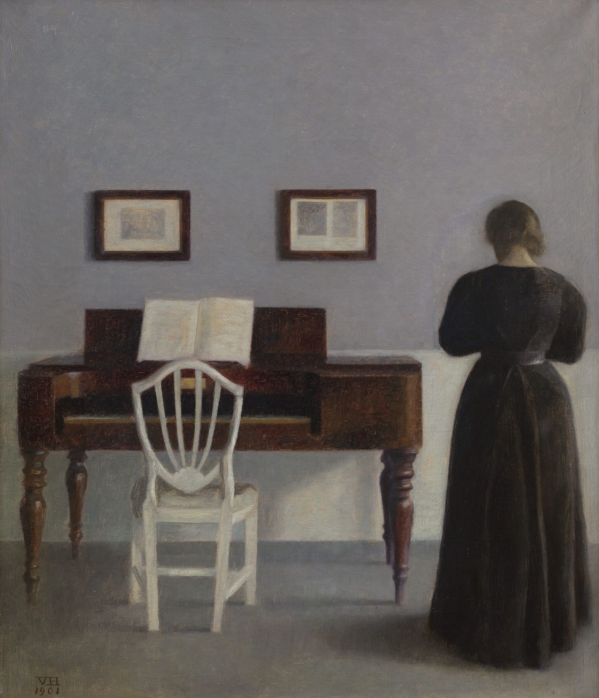 Vilhelm Hammershøi, Interior. With Piano and Woman in Black. Strandgade 30, 1901 — contemplative interior symbolizing psychological stillness and introspection.