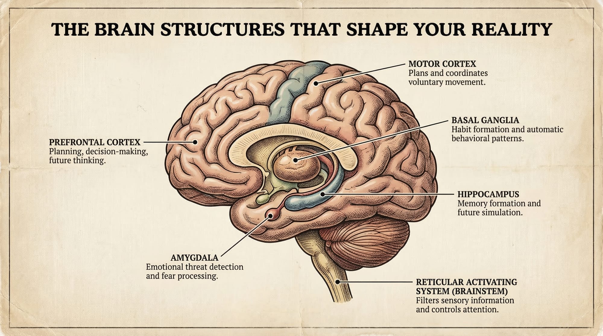 Diagram of brain structures involved in manifestation including the prefrontal cortex hippocampus amygdala and basal ganglia