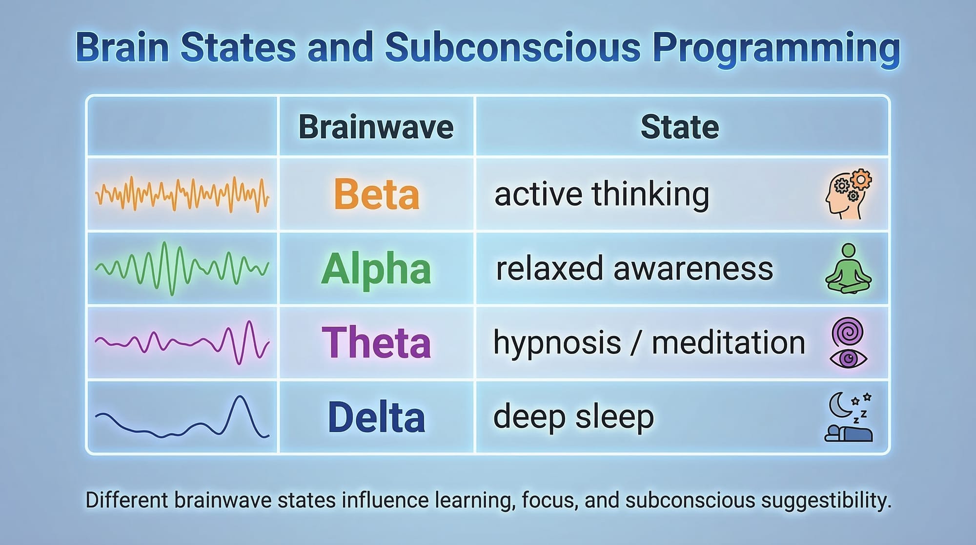 Brainwave chart showing beta alpha theta and delta brain states