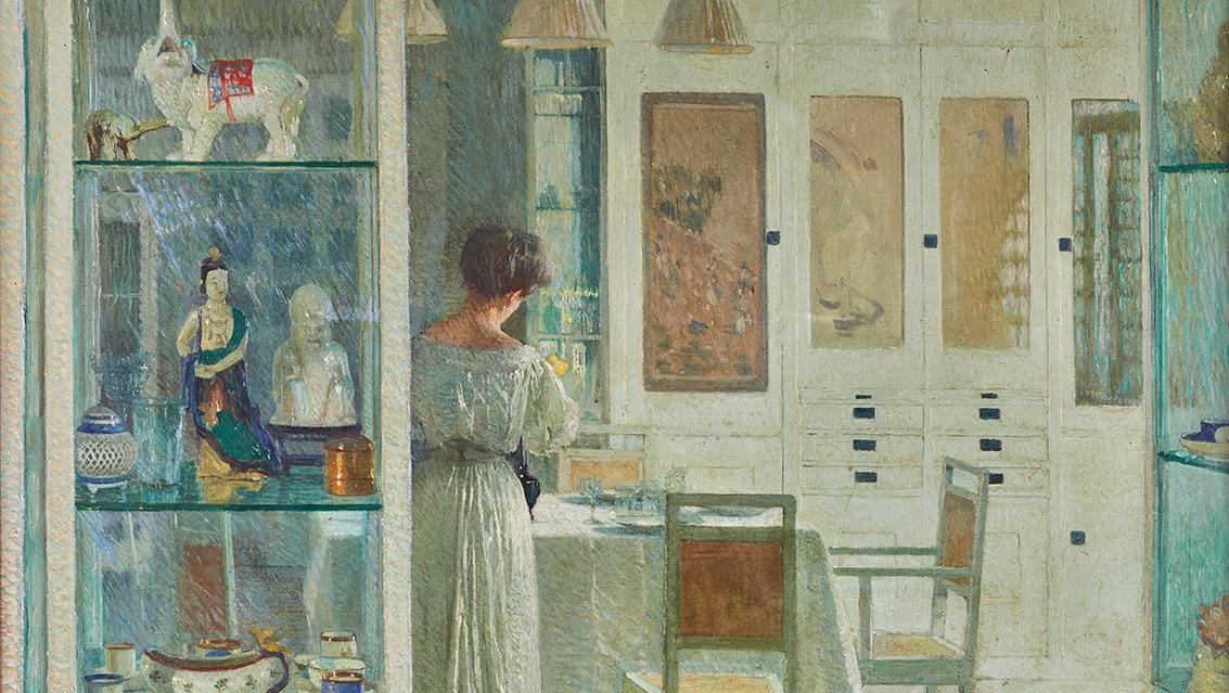Carl Moll Weißes Interieur White Interior 1905 Vienna Secession painting depicting Berta Zuckerkandl in Josef Hoffmann designed interior, symbolizing Viennese modernism, psychological space, memory, and reflective identity