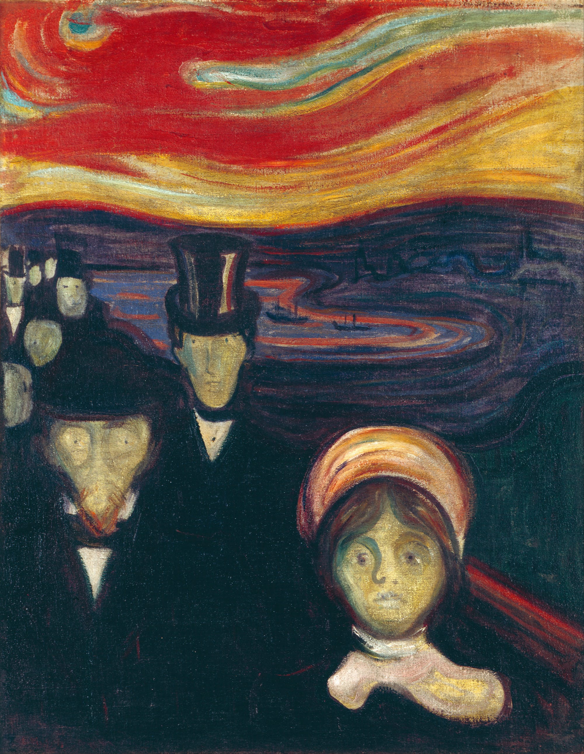 Edvard Munch Anxiety 1894 expressionist painting depicting collective psychological tension and nervous system fear associated with subconscious manifestation resistance