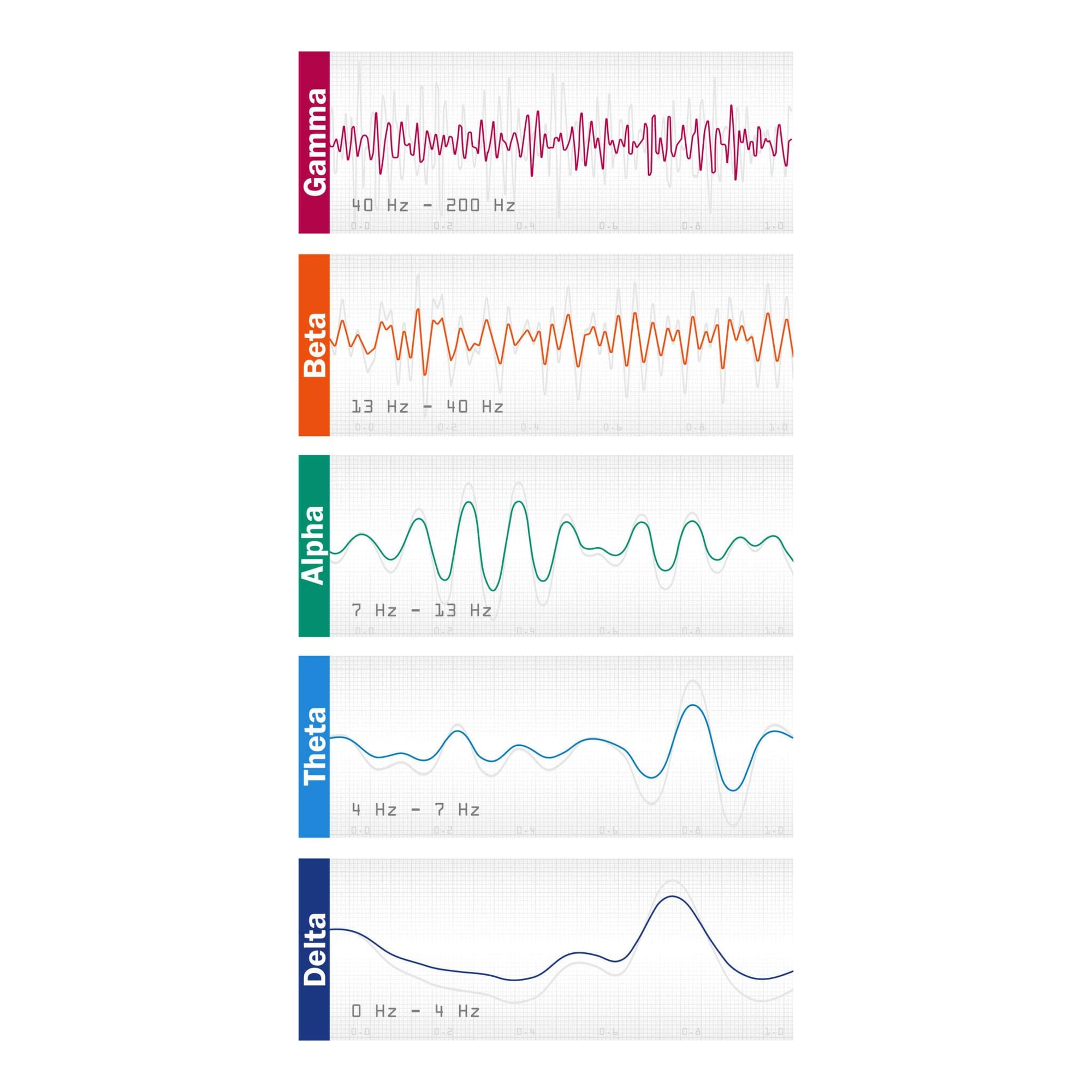 EEG brainwave frequency patterns showing gamma beta alpha theta and delta oscillations