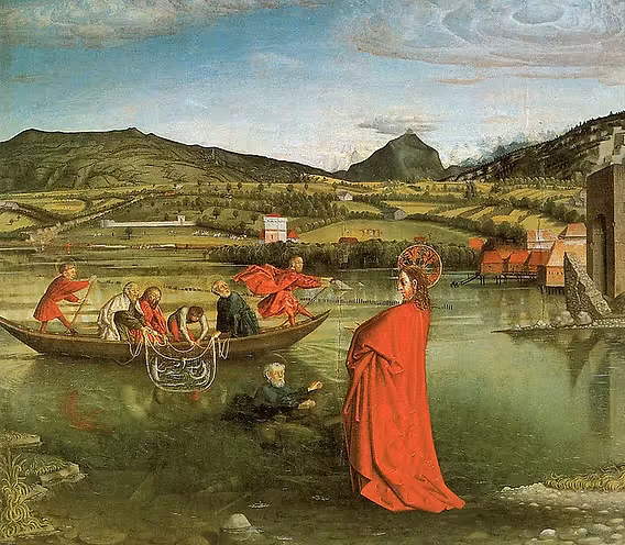 Konrad Witz The Miraculous Draught of Fishes 1444 oil on panel showing realistic water reflection in Northern Renaissance landscape
