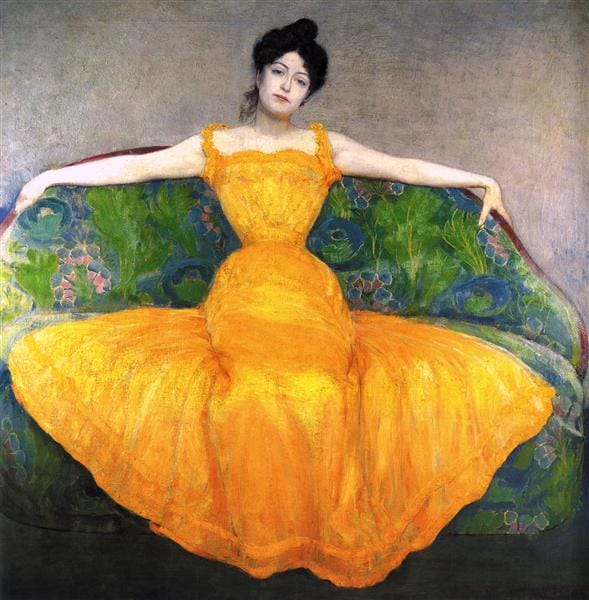 Max Kurzweil Lady in Yellow Dress 1899 Vienna Secession painting depicting Martha Guyot reclining on chaise longue, Art Nouveau masterpiece exploring introspection, identity, memory, and psychological atmosphere