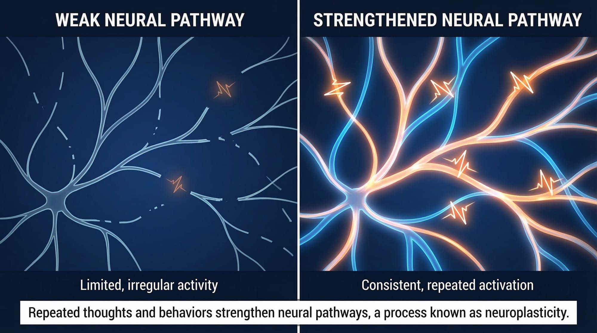neuroplasticity diagram showing brain rewiring during meditation and subconscious reprogramming