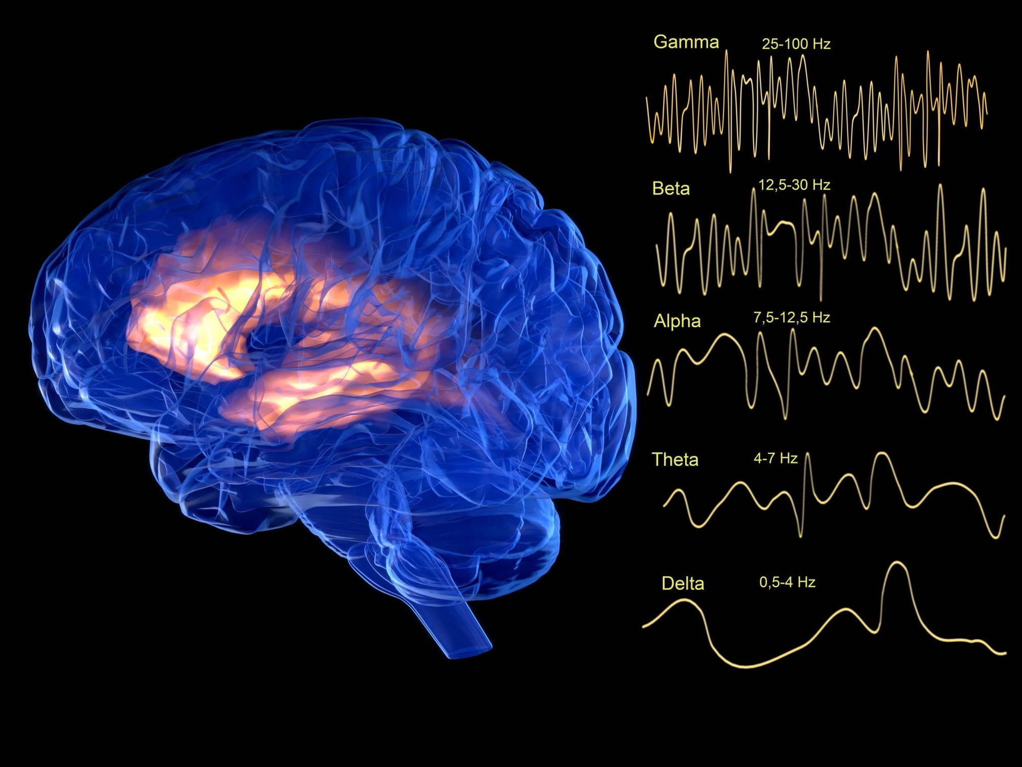 Theta brainwave state illustration showing meditation and subconscious programming frequencies