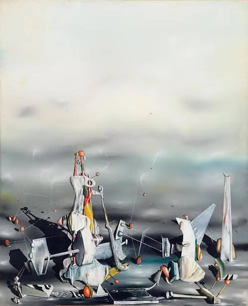 The Palace of the Windowed Rocks (1942) by Yves Tanguy showing surreal architectural formations representing subconscious structures and inner psychological landscapes