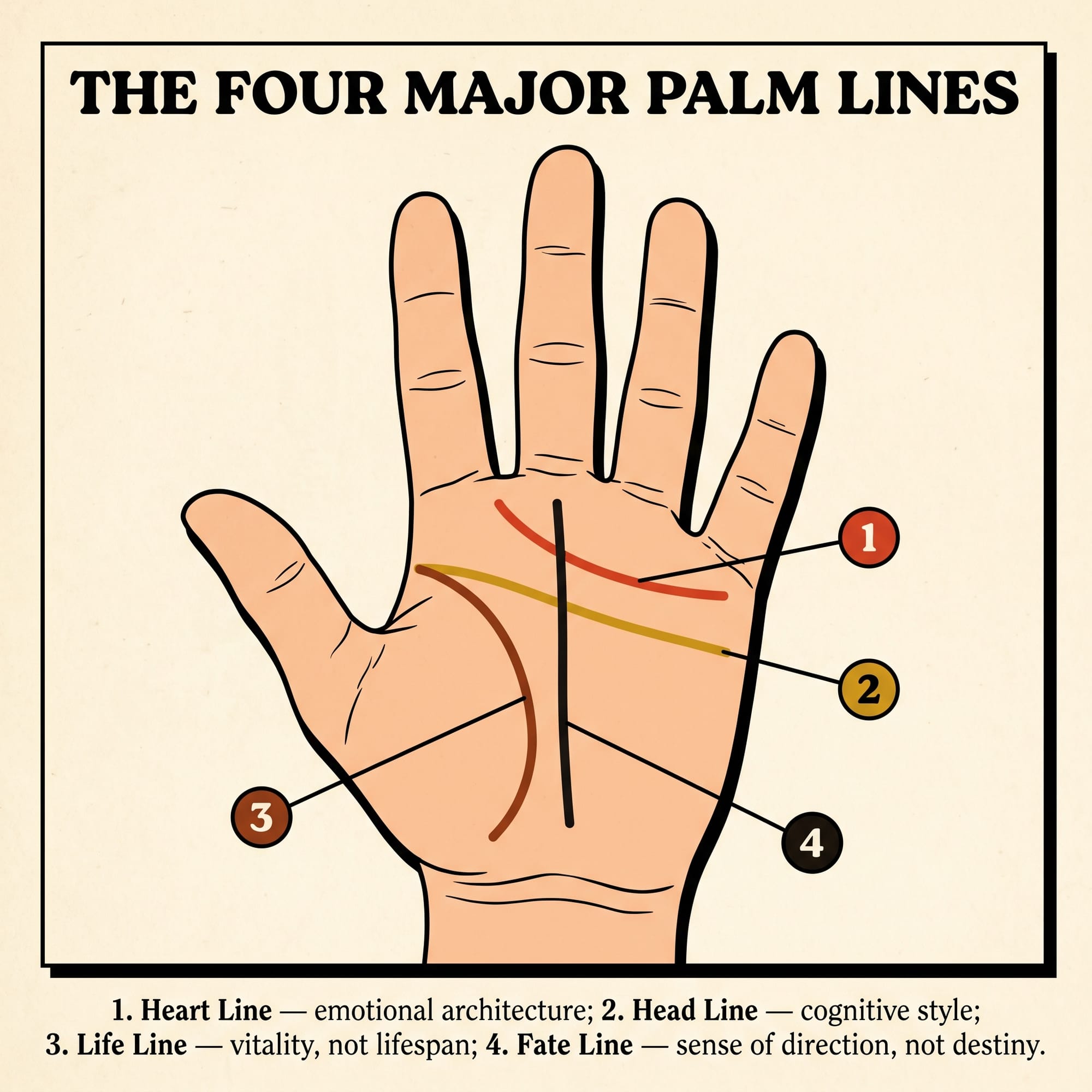intage zine illustration of the four major palm lines on the human hand — heart line, head line, life line, and fate line — color-coded and labeled, in the contemplative palmistry tradition at The Universe Unveiled