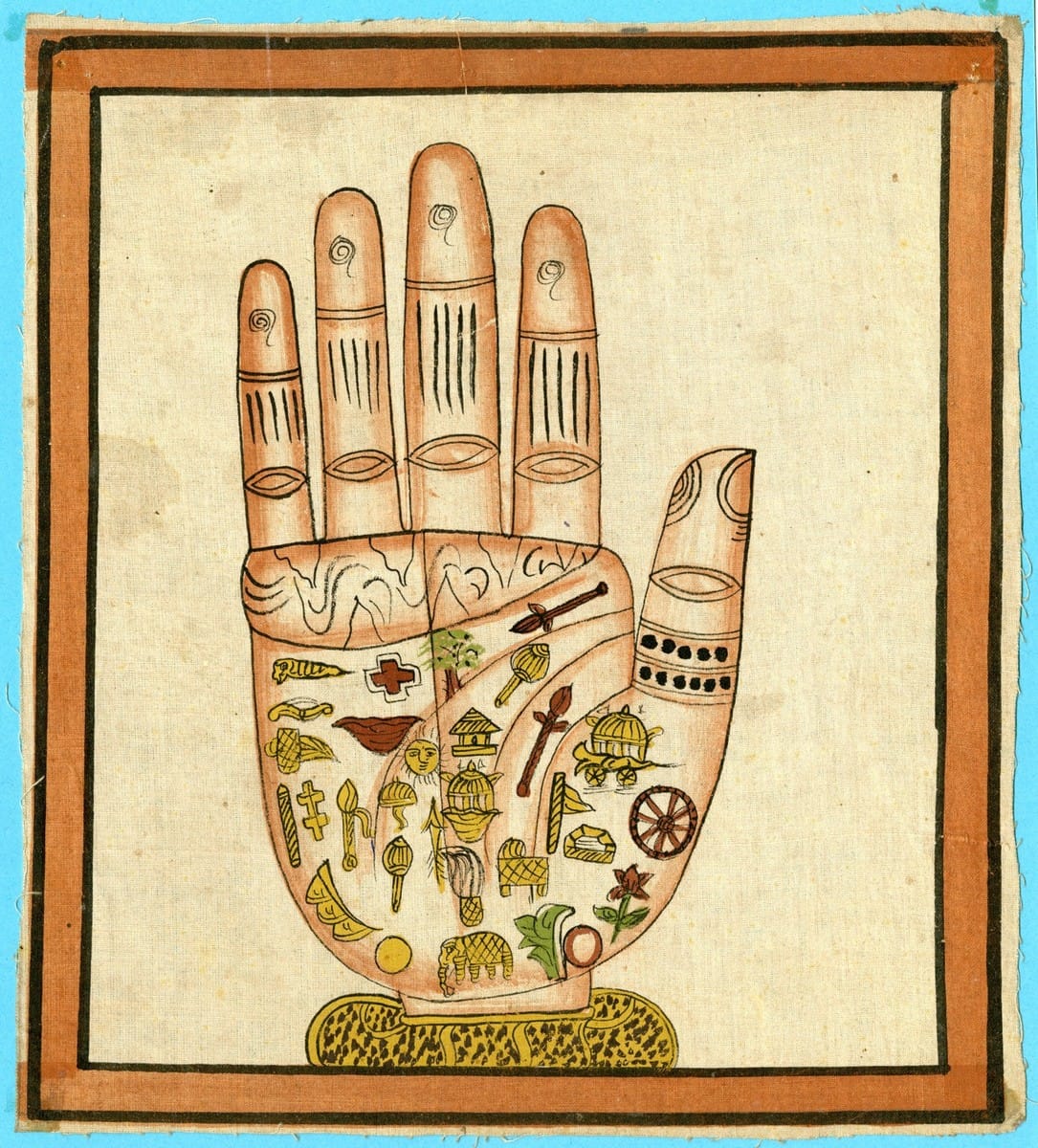 Alt tag: Antique hand-painted Hasta Samudrika palmistry chart from the Vedic tradition of ancient India, depicting traditional symbols and mounts on the palm as codified within the Samudrika Shastra — the earliest systematic codification of palm reading