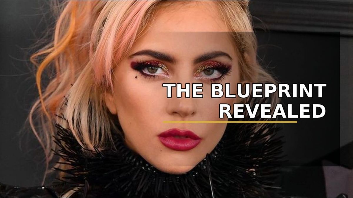 Lady Gaga close-up portrait with bold glitter eye makeup and pink hair — manifestation blog