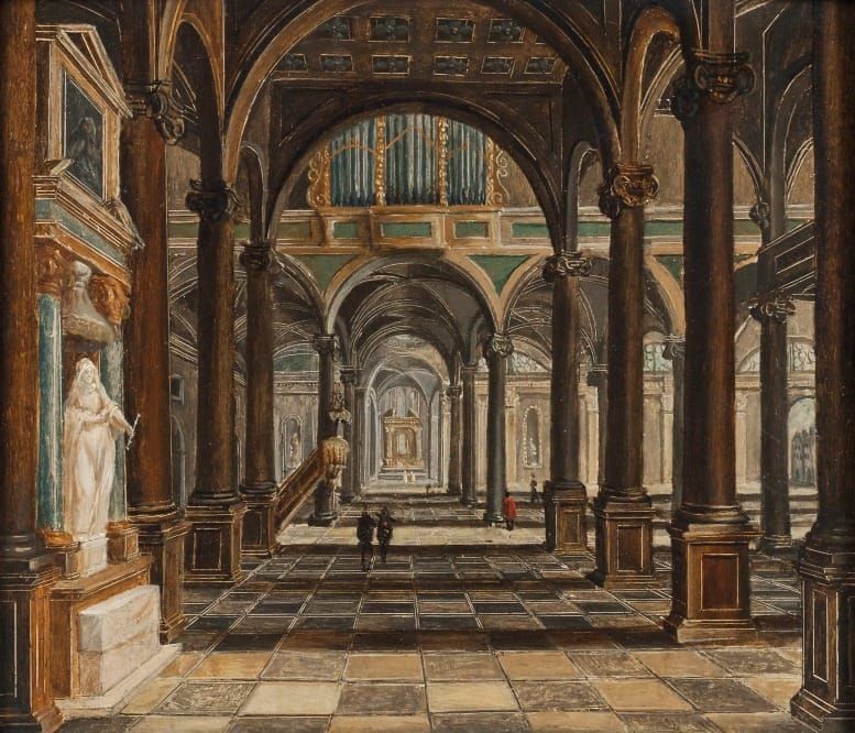 A Renaissance Church Interior by Christian Stöcklin, depicting a symmetrical vaulted church with receding arches and balanced columns, symbolizing order and disciplined inner structure.