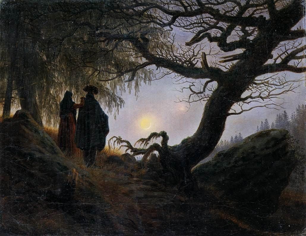 Man and woman contemplating the moon symbolizing higher mental faculties and inner awareness.