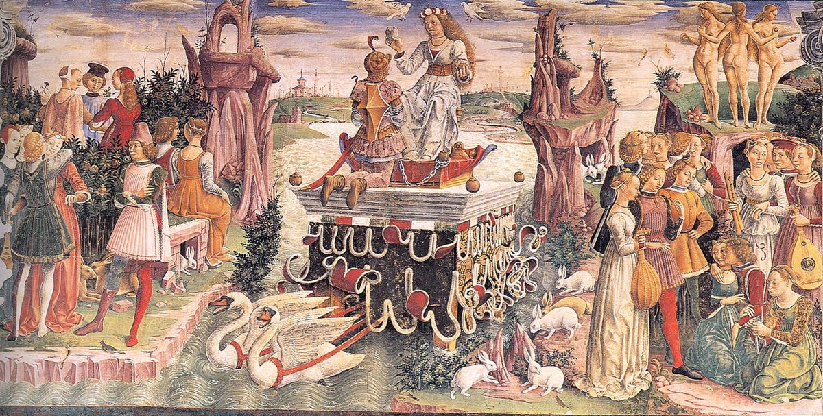 Allegory of April Triumph of Venus fresco representing subconscious wealth attraction and identity magnetism