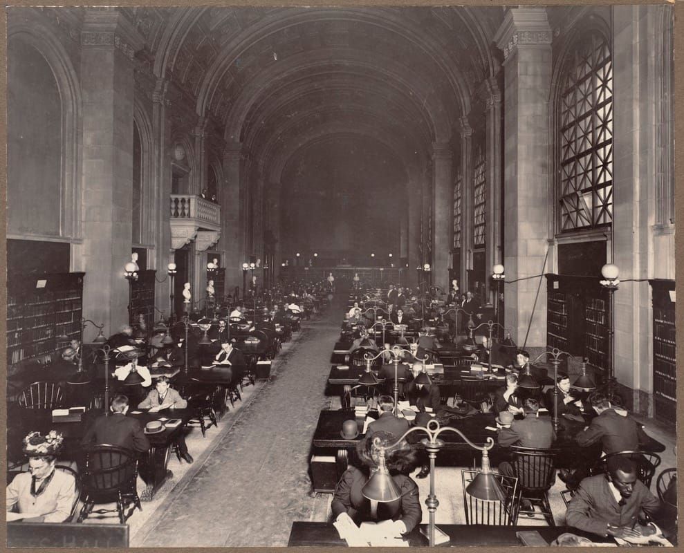 Historic Boston Public Library reading room filled with scholars studying philosophical works, symbolizing the intellectual origins of the Law of Assumption