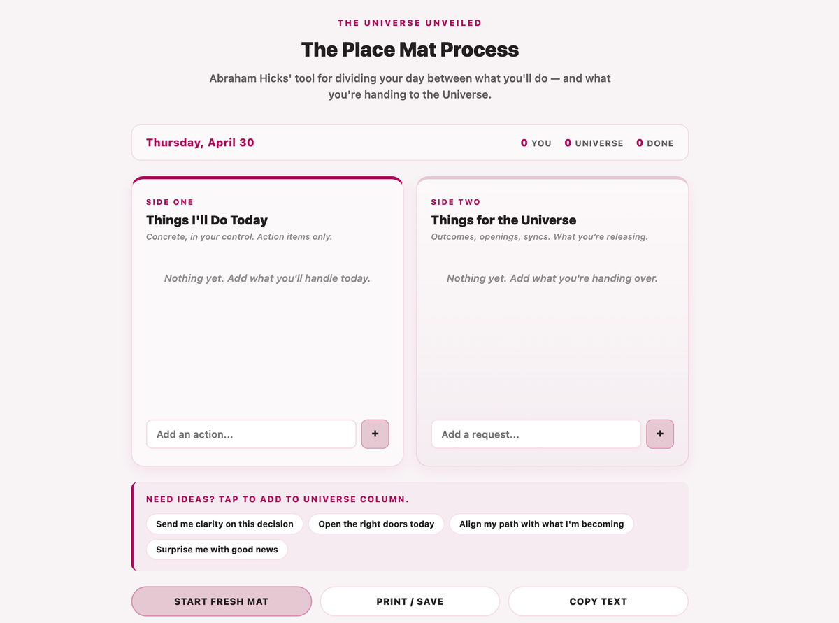 Abraham Hicks Place Mat Process two-column daily delegation tool for manifestation