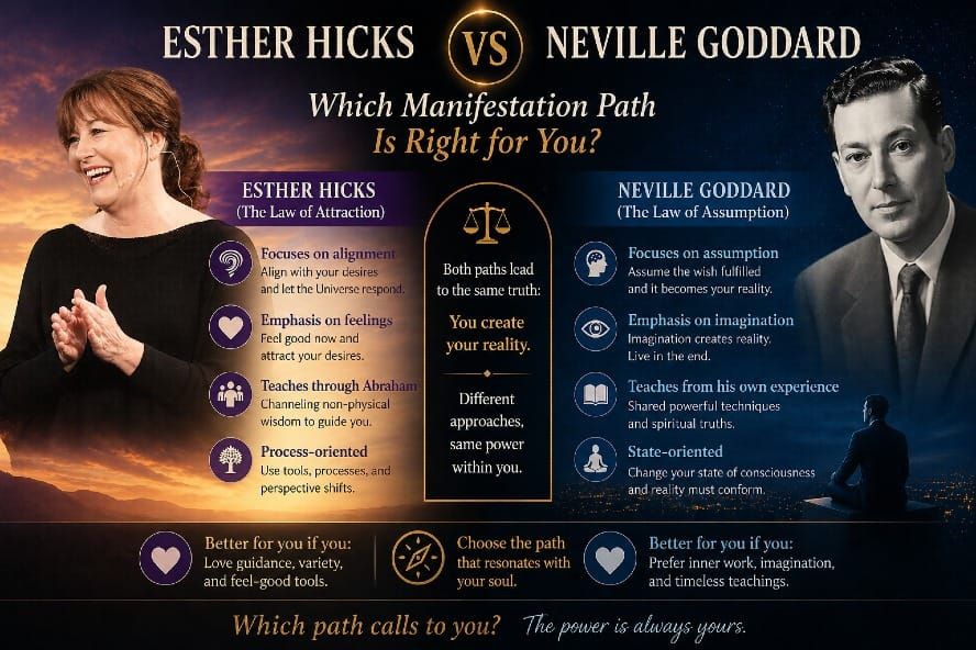 Esther Hicks vs Neville Goddard manifestation comparison — Law of Attraction alignment path versus Law of Assumption identity path