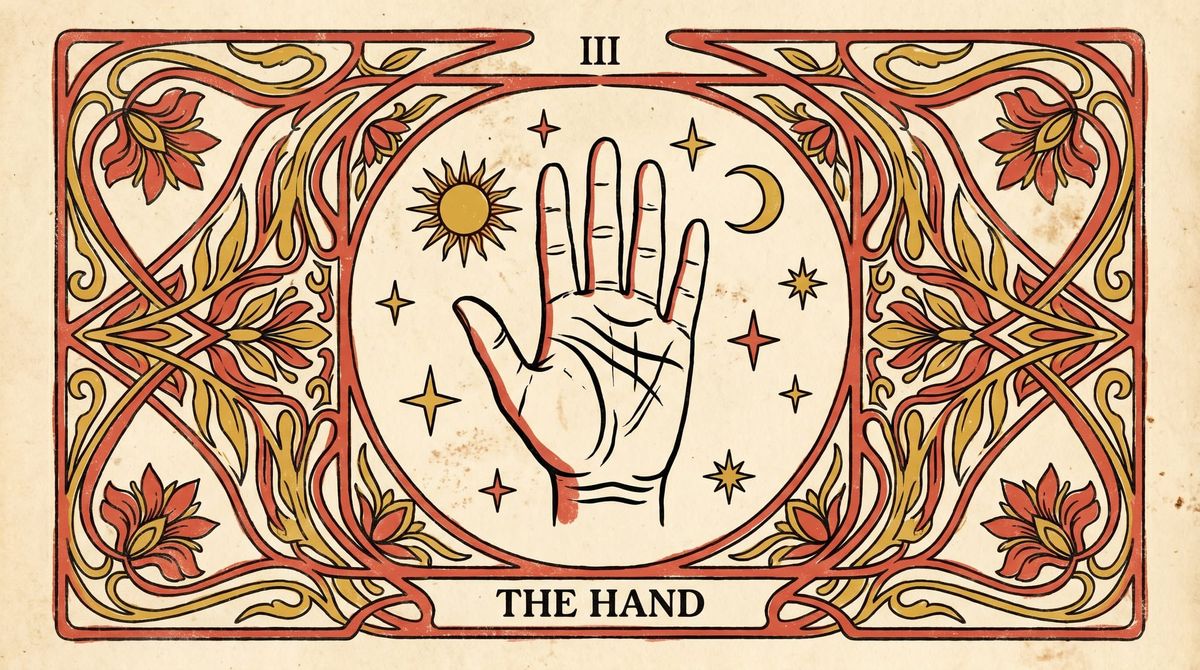 AI palm reading online — vintage tarot card illustration of an open hand with palm lines, sun, moon, and stars, for personalized palm readings at The Universe Unveiled