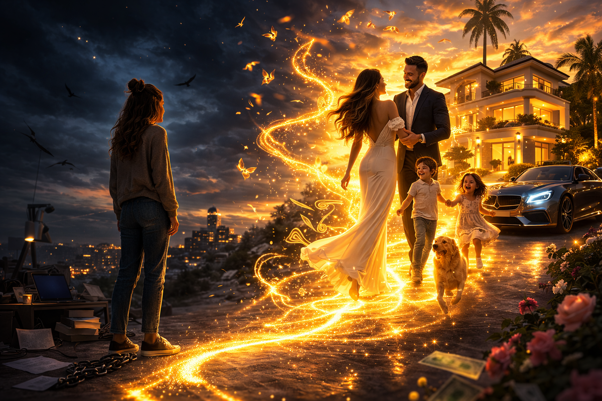 mulher caminhando em direção à vida ideal com mansão família carro e abundância simbolizando como aplicar a lei da suposição de neville goddard e manifestar uma nova realidade