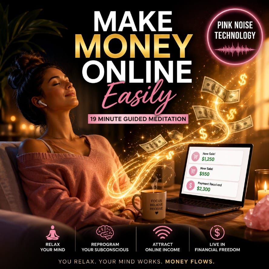 make money online easily meditation with pink noise technology showing relaxed woman using laptop with digital income notifications and subconscious reprogramming theme